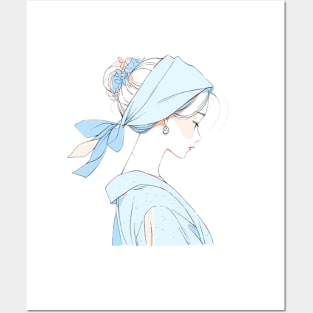 Minimalist line art pretty girl in blue Posters and Art